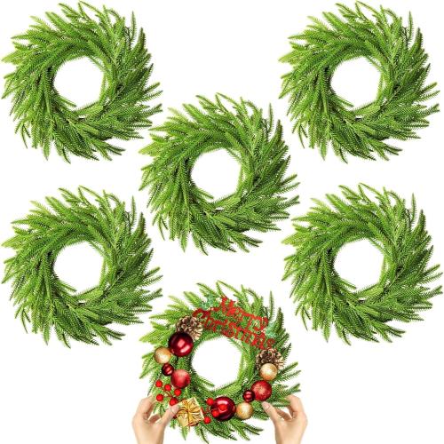 6 Pcs Christmas DIY Green Wreath 10 Inch Artificial DIY Faux Plain Wreaths Front Door Green Farmhouse Cabinets Indoor Outdoor Wall Decor(Norfolk Pine)