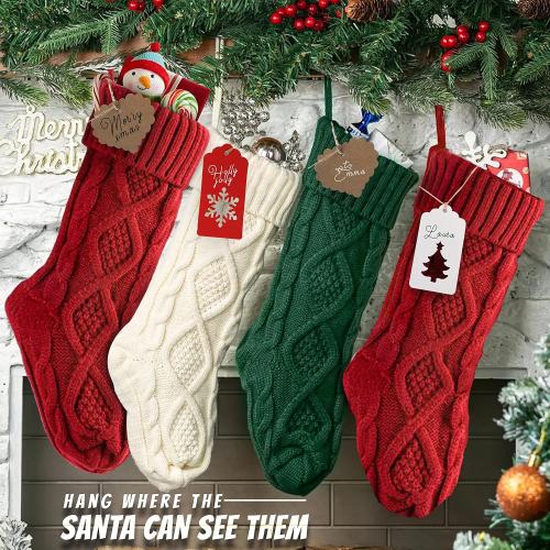 RFAQK 18 Inches Large Christmas Stockings 4 Pack - Burgundy Red, Ivory White, Green - Stretchable Knitted Xmas Stockings with 50Pcs Personalizeable Gift Tags for Family Holiday Christmas Décor