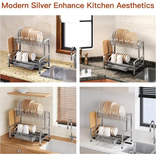 2 Tier Dish Drainers Drying Rack for Kitchen Counter Large Stainless Steel Dishes Drain with Drainboard, Space Saving, Big Modern Silver Countertop Metal Plates Dryer Strainer Holder and Extra Tray