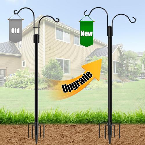 Double Shepherds Hooks for Outdoor, 2-Pack Heavy Duty Garden Pole for Hanging Bird Feeder, Plant Baskets, Solar Light Lanterns, Garden Plant Hanger Stands with 5 Base Prongs