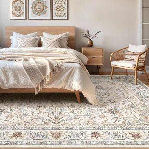 9x12 Area Rug Living Room: Washable Boho Large Neutral Vintage Soft Rugs Stain Resistant Farmhouse Non Slip Indoor Floor Carpet for Bedroom Nursery Kids Playroom Office Dining Room- Cream Blue