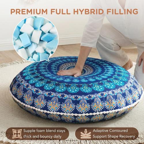 Codi Meditation Floor Pillow, Round Large Pillows Seating for Adults, Bohemian Mandala Circle Cushion for Outdoor Fireplace Yoga Living Room, 32 Inch, Memory Foam Added, Navy