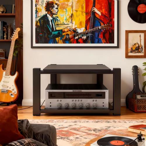 Heavy Duty Audio Rack Tower, Av Media Player Stand with Wooden Shelves, Black Cd Stereo Equipment Cabinet, Suitable for Home,Office/Audio Video/Theate (Black, 2 Tier)
