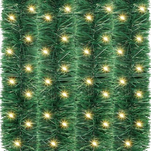 Kingdder 16.4 ft Christmas Tinsel Garland Lighted Metallic Twist Tree Decoration Prelit Battery Operated 50 LED Hanging Garland for Xmas New Year Home Outdoor Decor(Warm White, Green)