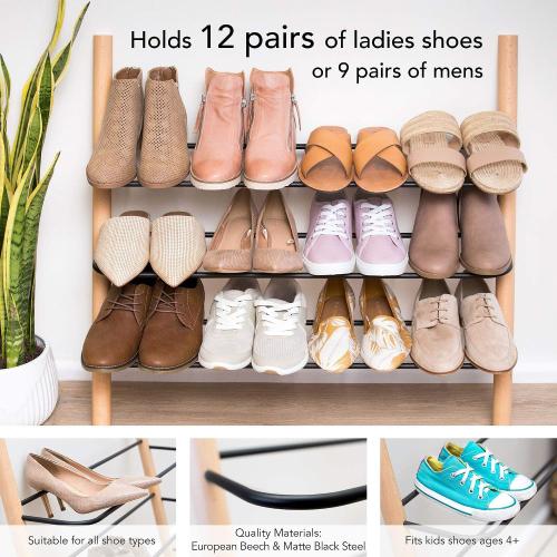 Beech Wood and Black Wooden Shoe Rack Organizer - Modern Shoe Rack That Holds 12 Pairs of Shoes | Wooden Shoe Racks for Closets 3 Tier Could Be Used in the Kitchen, Entryway or Mudroom for Extra Storage (Beech, 3 Tier)