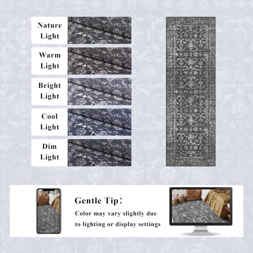 Washable Area Rug 2.6x8 Black Runner Rugs for Living Room, Vintage Boho Hallway Large Rug for Bedroom Dining Room Office, Distressed Floral Carpet for Under Table, Soft Non Slip Low Pile Throw Carpet