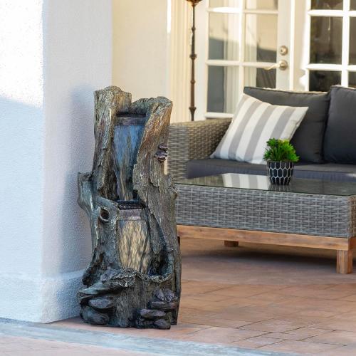 Alpine Corporation WIN258 Outdoor Rainforest Waterfall Tree Trunk Floor Fountain with LED Lights, Tiered Garden Decor, 41 H, Brown