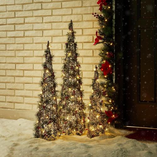 Glitzhome Set of 3 Lighted Christmas Cone Trees, Xmas Decorative Conic Tree Set with 75 Warm White LED Lights, Indoor & Outdoor Lighted Decorations for Lawn Yard Garden Party