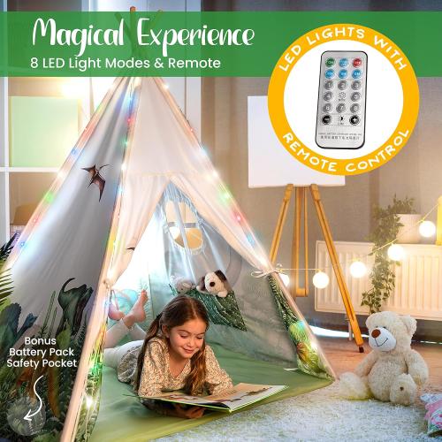 W&O Dinosaur Discovery Teepee with Roar Button, LED Lights & Plush Mat - The Most Stable Teepee - Never Collapses with Rowdy Playtime
