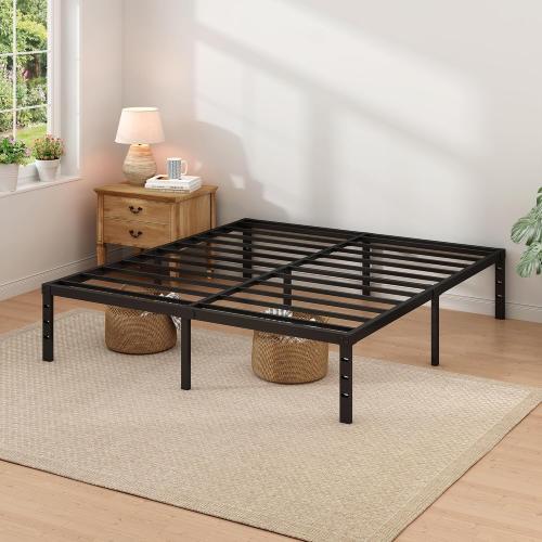 NEW JETO Metal Bed Frame,King Size Bed Frame with Storage Space,Heavy Duty Sturdy Mattress Foundation,Easy Assembly,No Box Spring Needed, Black,14 Inch,King, Bedroom Furniture
