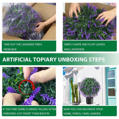 21.6“ Artificial Lavender Topiary Ball Trees Set of 2, UV Protected Outdoor Faux Potted Plants with Cement Pot, Evergreen Shrubs Bushes for Front Door Porch Garden Backyard