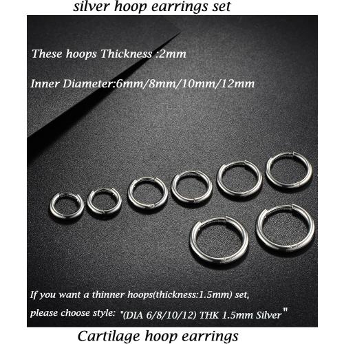 316L Surgical Stainless Steel Huggie Hoop Earrings 6mm 8mm 10mm 11mm 12mm 14mm Hypoallergenic Earrings Hoop Cartilage Helix Lobes Hinged Sleeper Earrings For Men Women