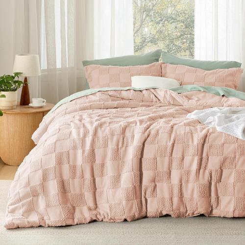Bedsure Dusty Rose King Size Comforter  Boho Tufted Bed Set, Checkered Farmhouse-Style