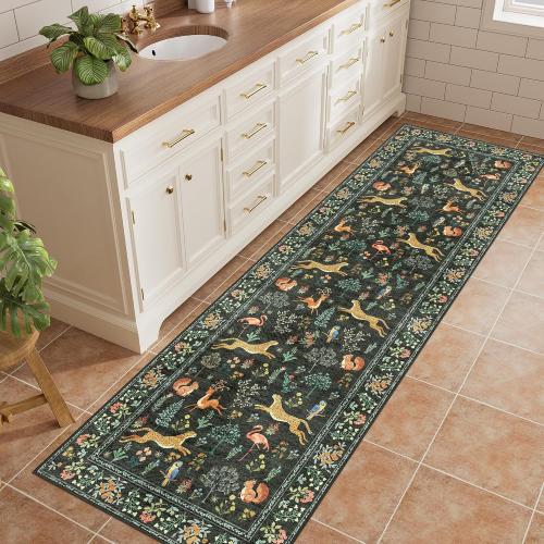 Black Animal Print DUKINO Rectangle Rug for Hallway, Washable Kitchen Runner Rug with Non Slip Backing, Soft Low Pile Vintage Animal Runner for Bedroom, Kitchen, Hallway, Entryway, Laundry, Black