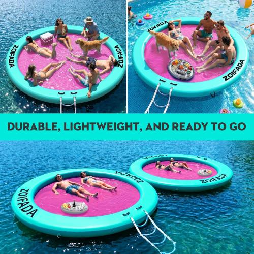 Inflatable Water Hammock Round Floating Ring,8/10/12FT Heavy Duty Pool Float for Adults,Inflatable Tanning Pool Float Island Dock for Lake/River/Ocean,w/Cup Holder,10FT&12FT Include 4-Step Soft Ladder