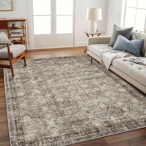 CHAMPLANT Washable Area Rug 4'x6' Vintage Traditional Floor Cover Foldable Thin Rugs Retro Kitchen Indoor Distressed Non Slip Carpet Floral Print Mat Bedroom Living Room