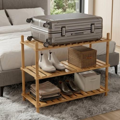 GOGOGO 3-Tier Bamboo Freestanding Shelf | Tool-Free,150lb,Multifunctional Small Bookcase Wood Shelf for Bathroom, Kitchen, Office (Natural, 9.0“H（3 Tier Heightened)