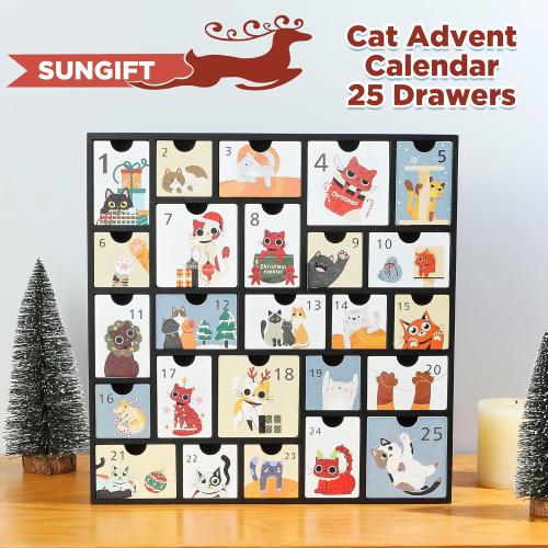 SUNGIFT Wooden Advent Calendar with Drawers - Refillable Christmas Countdown Calendar with Cute Cat Design for Gifts