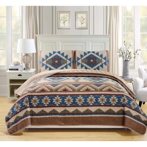 Rustic Western Southwestern Native American Tribal Navajo Design Oversized Bedspread Quilt Set in Beige Taupe Brown Blue Green Austin Taupe (King/California King)