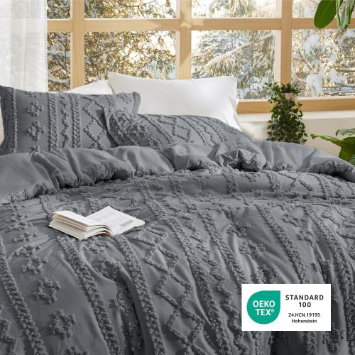 Bedsure Tufted Boho Comforter Grey Boho Bed  GentleSoft Farmhouse-Style Embroidery Bedding, Gifts for Woman, Soft Jacquard Comforter for All Seasons