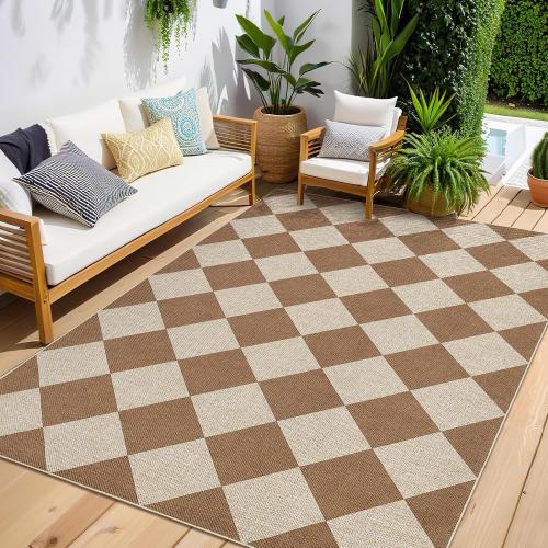 GarveeHome Checkered Easy Jute Area Rug 8x10 Machine Washable Non-Slip Stain Resistant Indoor Outdoor Rugs for Living Room, Bedroom, Kitchen, Dining, Patio Farmhouse Style Brown
