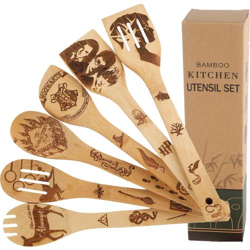 Bejky 6-Pcs Wooden Bamboo Spoons Set - Organic Food Cooking Utensils Kitchen Accessories & Home Decor Cookware Gifts for Women Easy Wash Spatulas 3D Engraved Patterns (Magical Wizard Style), 12-''