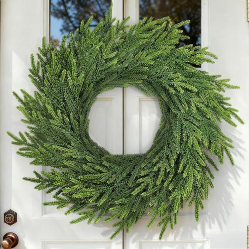 24 Inch Norfolk Pine Wreath, Real Touch Artificial Green Christmas Wreaths for Front Door, Windows, Porch, Wall, Indoor, Outdoor Xmas Holiday Decorations