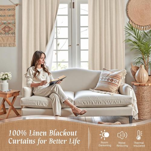 LAMIT 100% Blackout Natural Linen Curtains, 72 Inches Linen Textured Thermal Bedroom Curtains Back Tab and Rod Pocket Neutral Panels with White Liner for Farmhouse, 2 Panels, 52 x 72 Inch