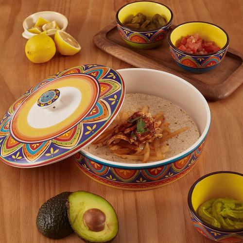 Bico Tunisian Ceramic Tortilla Warmer, 8.9 Inch Tortilla Holder with Lid for Taco Bread Pancake for Mexican Night and Party, Microwave and Dishwasher Safe