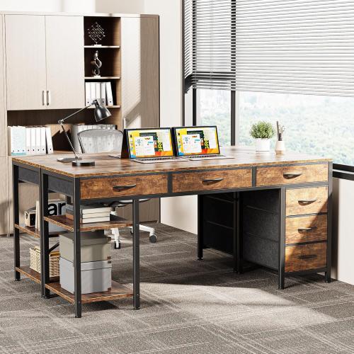 Huuger Computer Desk with 6 Drawers, 54 Inch Office Desk with Shelves, Reversible Gaming Desk, Corner Desk with Storage, Work for Home Office, Study, Living Room, Rustic Brown