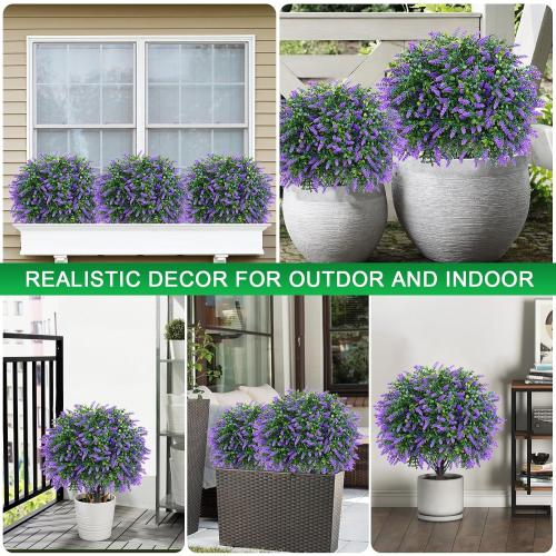 Artificial Lavender Topiary Ball Trees, 2 Set of UV Resistant Fake Evergreen Shrubs Bushes Plants with Ground Spike, Fake Plants for Outdoor Indoor Front Porch Garden