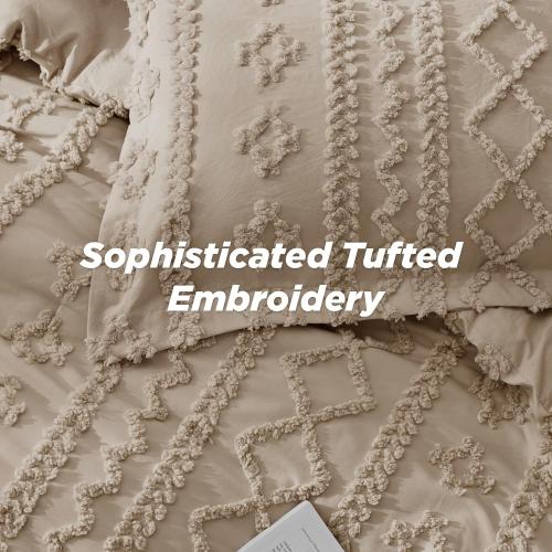 Bedsure Tufted Boho Comforter Set Queen Size - Khaki Boho Bed Set, GentleSoft™ 3 Pieces Farmhouse Shabby Chic Embroidery Bedding, Gifts for Woman, Soft Jacquard Queen Comforter for All Seasons