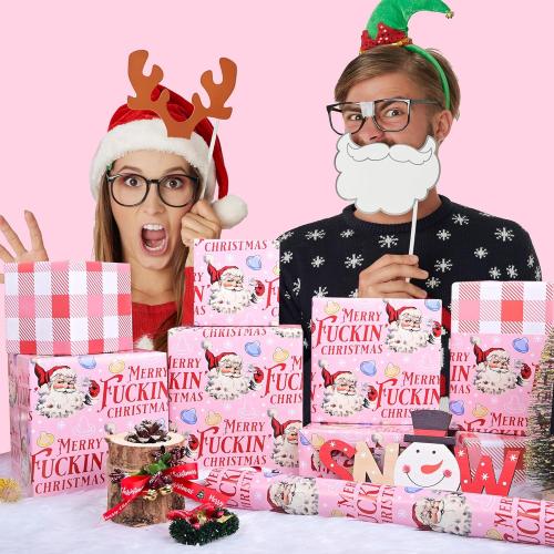 Altarho Funny Christmas Wrapping Paper Roll for Adult Women Men Husband - Pink Inappropriate Christmas Santa and Retro Buffalo Plaid Design Naughty Xmas Gift Wrap for Birthday Winter Holiday Decoration Total 28.5sq.ft