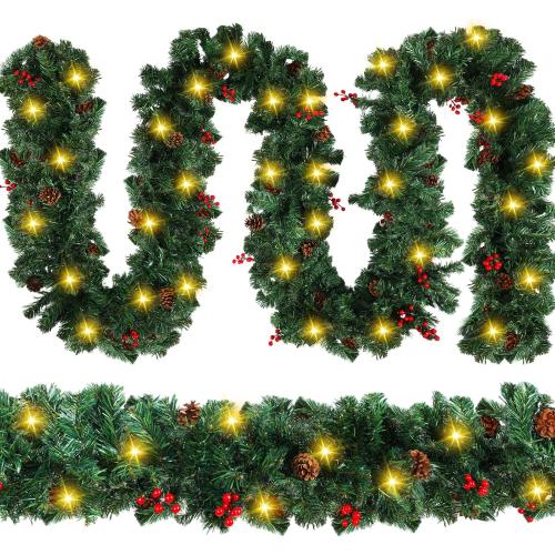26ft Christmas Light Garland with 100 LED Battery Operated Pine Cones Red Berries Long Thick Outdoor Christmas Lighted Garland Artificial Xmas Decorations for Door Stairs Railing Fireplace