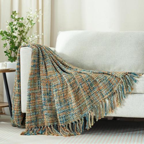 Multi-Color Gold Green Cable Woven Throw Blanket for Couch,50X60 Boho Style Textured Blankets for Home Decor,Super Soft Warm Cozy Chunky Blanket with Decorative Tassels for Bed