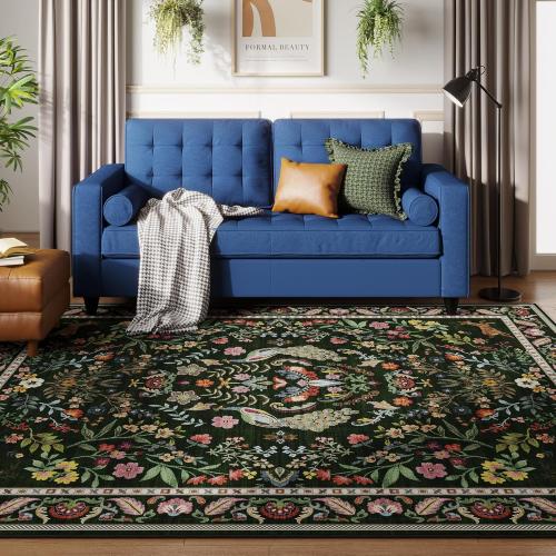 Living Room Rug 5x7 Rug Machine Washable Area Rug Floral Non-Slip Low Pile Large Rugs for Living Room, Bedroom, Farmhouse, Dining Room, Kids Playroom (Emerald Green)
