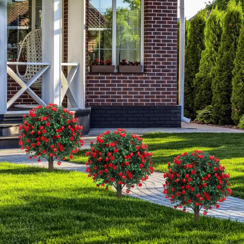 Set of 2 Artificial Boxwood Topiary Ball Trees with Red Flowers for Outdoor with Ground Spike 22, UV Resistant Faux Greenery Shrubs, Fake Plants for Garden, Yard, Porch, Patio Valentine's Day Decor