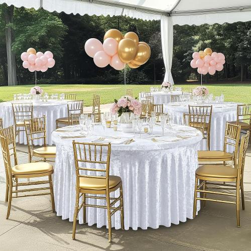 NSSONBEN 8 Pack White Velvet Round Tablecloth 60 inch, Thick Shiny Velour Stretch Fitted 5ft Round Tablecloths 120 inch, Wrinkle Free Spandex Table Covers with Skirt for Wedding Party Dining Banquet