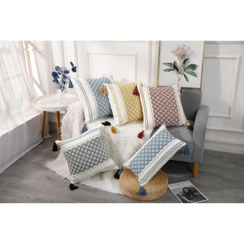 PANOD Set of 2 Boho Cotton Knitted Decorative Throw Pillow Covers with Tassel Blue and White,Modern Accent Classical Farmhouse Jacquard Squard Pillow Cover Cushion Case for Sofa Couch,18X18