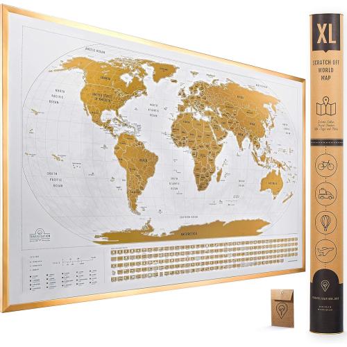 XL Scratch Off World Map with 196 Country Flags 36 x 24 Frameable Travel Map with Vibrant Colors and Premium Gold Coating, Beautiful Visited Places Tracker for Travelers, White
