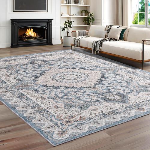 Foxmas 8x10 Area Rugs for Living Room, Machine Washable Vintage Rug, Non-Slip Low Pile Throw Rugs with Rubber Backing Washable Carpet for Bedroom Dining Room Kitchen Home Decor, Blue