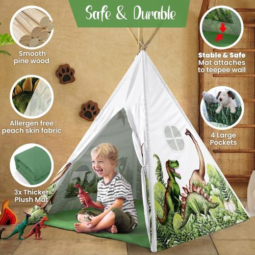 W&O Dinosaur Discovery Teepee with Roar Button, LED Lights & Plush Mat - The Most Stable Teepee - Never Collapses with Rowdy Playtime