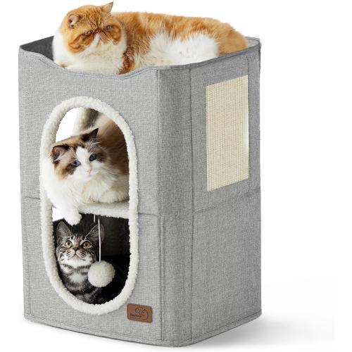 Bedsure 2 Story Cat House - Cat Condos for Indoor Cats with Scratch Pad and Fluffy Ball Hanging, Small Pet Cave Furniture Hideaway for Multi Pets, 18x14x23 inches, Grey