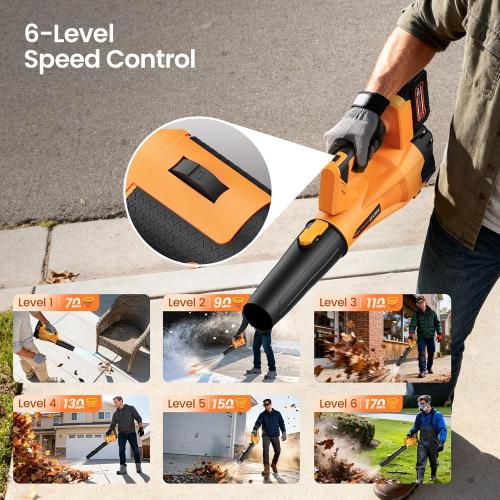 Leaf Blower Cordless, 650 CFM/170 MPH, 6-Speed Levels with 2 X 4.0Ah Battery, Handheld Leaf Blower, Electric Blowers for Lawn Care, Garden, Yard (Yellow & 2 Battery)