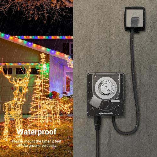 DEWENWILS 24-Hour Mechanical Light Timer with 2ft Long Cord, Waterproof Electrical Timer with Grounded Outlet, Plug in Timer Switch for Christmas Lights, 15A, 1/2 HP, UL Listed