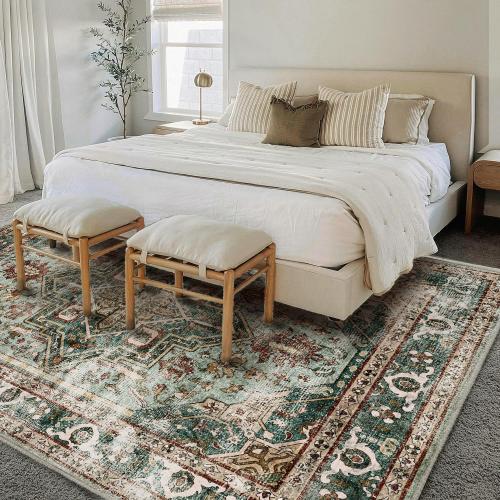 Size Area Rug 8'x10' Color Green Washable Vintage Traditional Mat Distressed Indoor Foldable Thin Retro Accent Floral Print Non Slip Carpet for Living Room Dining Room Office