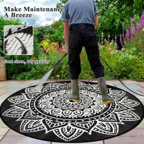 famibay Round Outdoor Rugs for Patios 5 Ft Round Outdoor Rug Waterproof Round Patio Rug Outdoor Plastic Straw Rug Lightweight Boho Outdoor Carpet Mats for Patio Backyard Camping Porch(Black/White)‼️cut outside on the small black bag‼️