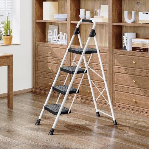KINGRACK Sturdy Steel 4 Step Ladder, Folding Step Stool with Handrail, Anti-Slip Wide Pedals, Safe-Lock Design, Pass 800lbs Load Testing, Portable Ladder for Multi-Purpose in Home, Kitchen, White
