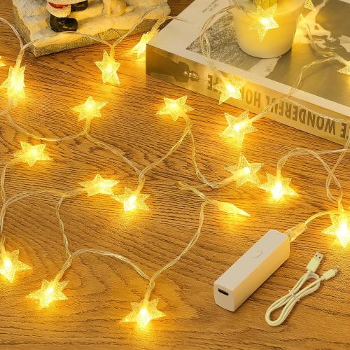 Lakumu Rechargeable Star Fairy Twinkle Lights Battery Operated with 8 Modes, 17FT 50LED String Lights Indoor with Timer, for Bedroom Dorm Tent Wedding Party Christmas Decorations, Warm White