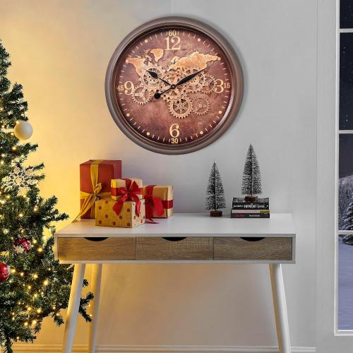CLXEAST 24 Inch Large Wall Clock with Moving Gears, Industrial Clocks with World Map Dial, Oversized Cool Wall Clock for Living Room Decor,Oil Rubbed Bronze Brown